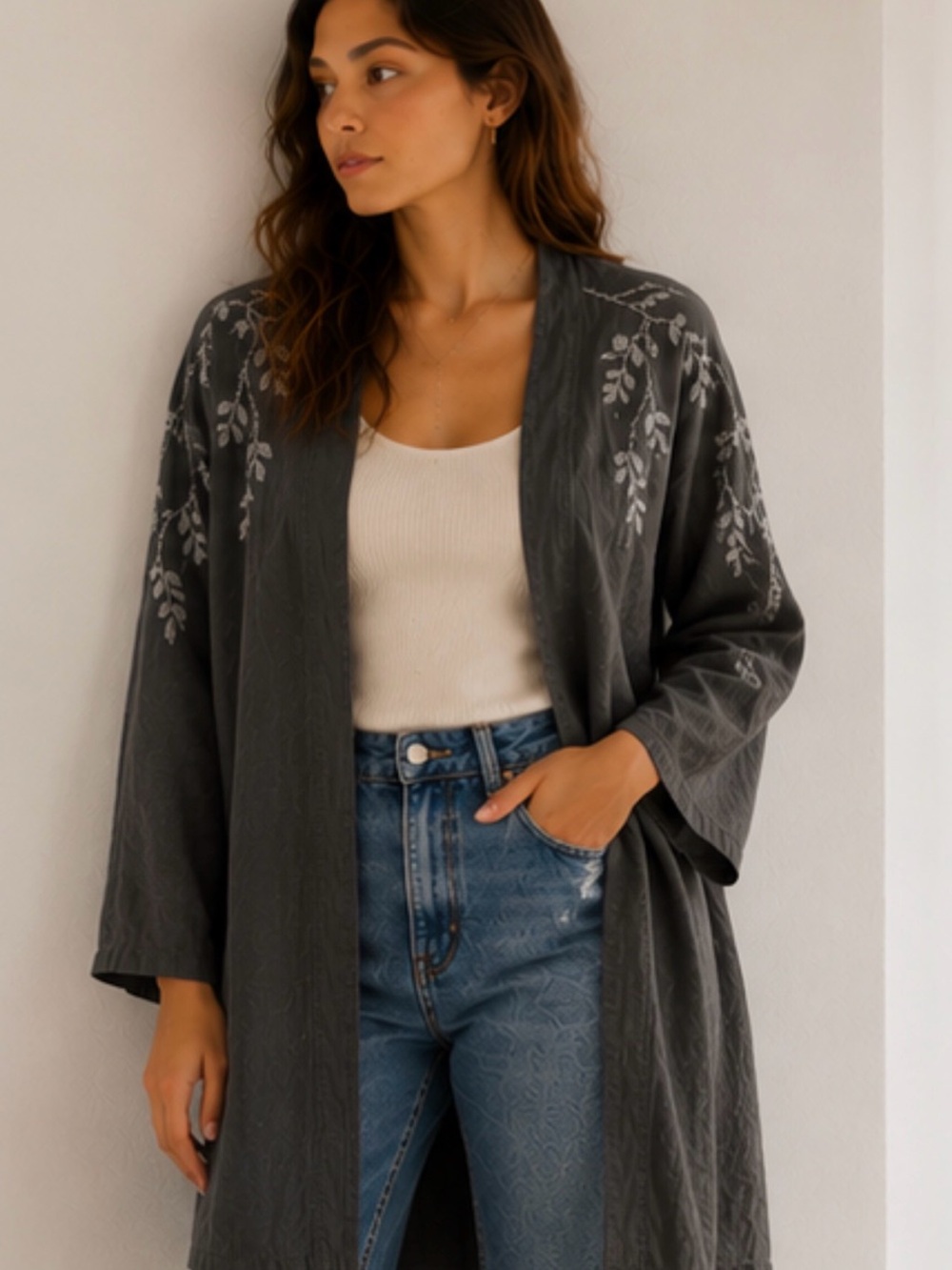 XCVI Black Open-Front Embroidered Duster Cape size S